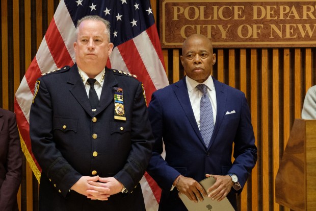 Mayor Eric Adams and NYPD Chief of Department John Chell attend a press conference at police headquarters in Manhattan, New York City on Thursday, Sept. 18, 2025. (Gardiner Anderson / New York Daily News)