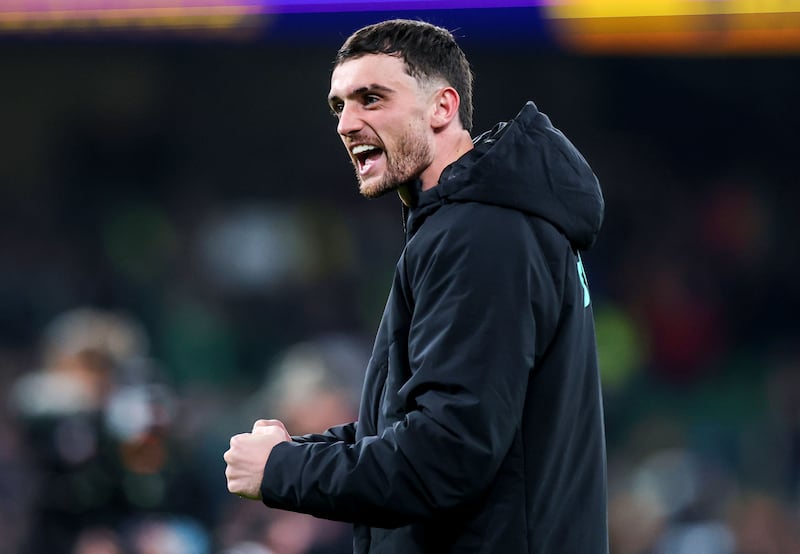 Ireland's Troy Parrott celebrates winning the match against Portugal. Photograph: Ryan Byrne/Inpho