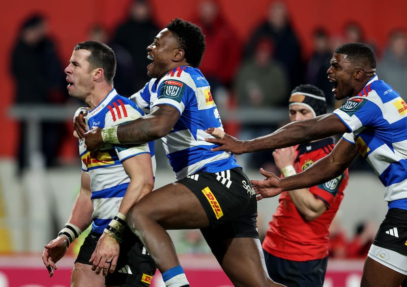 Stormers' Ruhan Nel celebrates his try with Wandisile Simelane. Photograph: Dan Sheridan/Inpho