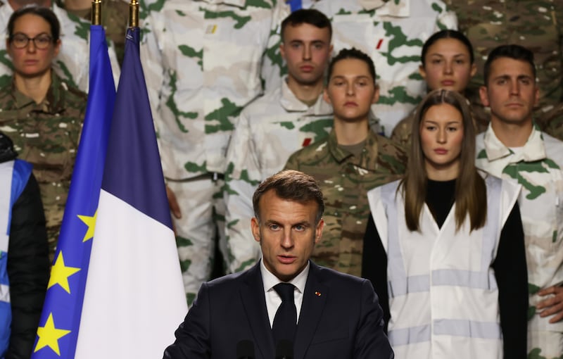 France’s president Emmanuel Macron unveils plans for a new national military service. Photograph: Thomas Padilla/AP