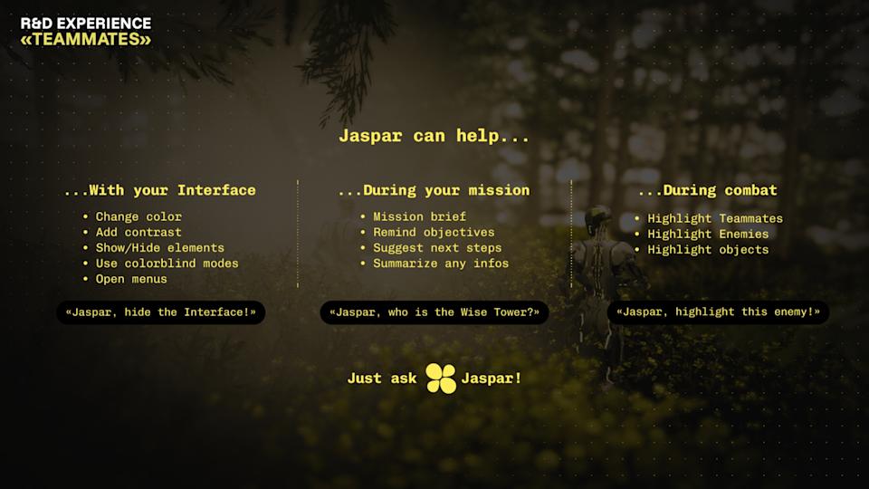 A screen from Ubisoft Teammates showing the different things the Jaspar AI can do in-game.