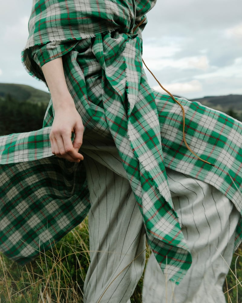 STABLE of Ireland Irish linen check  single large scarf €150 and Red trimmed snug €75 www.stable.ie