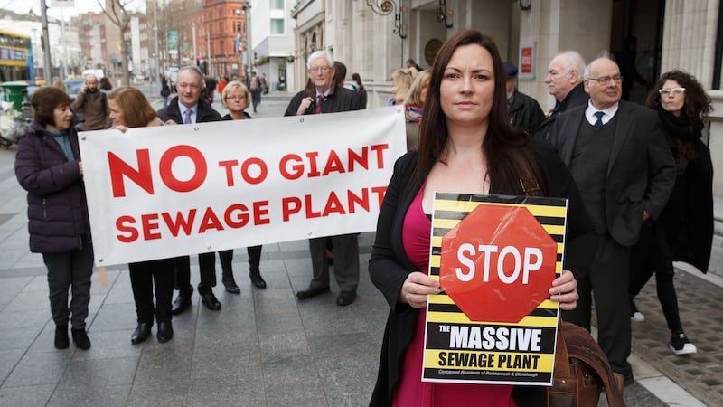 Sabrina Joyce-Kemper, from Portmarnock, protesting outside An Bord Pleanála’s hearing, in the Gresham hotel, on plans for Clonshaugh sewage plant. Photograph: Fran Veale