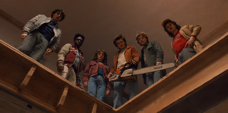 Stranger Things Season 5: Finn Wolfhard as Mike Wheeler, Caleb McLaughlin as Lucas Sinclair, Natalia Dyer as Nancy Wheeler, Joe Keery as Steve Harrington, Charlie Heaton as Jonathan Byers, and Gaten Matarazzo as Dustin Henderson. Photograph: Netflix © 2025 
