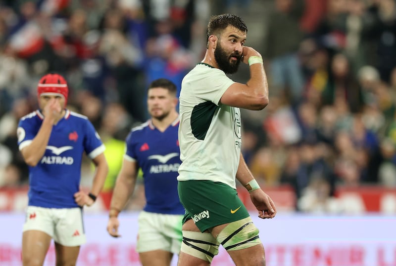 South Africa's Lood de Jager of South Africa leaves the field after being shown a red card against France. Photograph: David Rogers/Getty Images