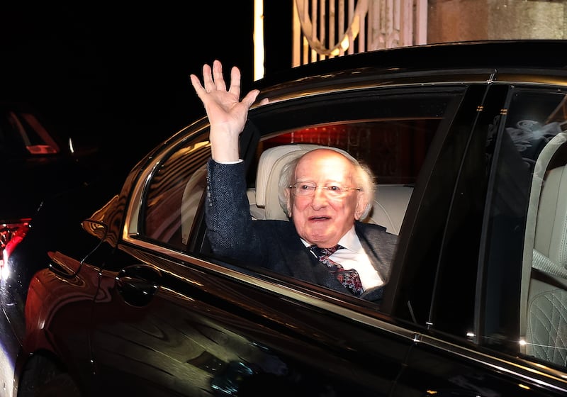 President Michael D Higgins waves to the crowd whilst leaving Aras an Uachtarain with his wife Sabina Higgins on Monday night. Photograph: Damien Eagers/PA Wire