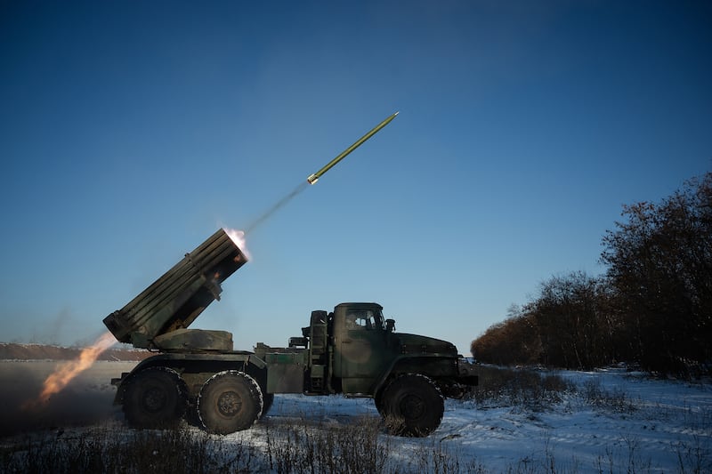 A Ukrainian missile aimed at Russian formces neaer the city of Pokrovsk in eastern Ukraine. Photograph: Tyler Hicks/The New York Times
                      