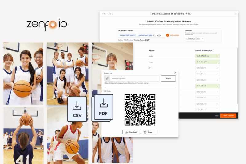A collage shows girls’ basketball team photos, the Zenfolio logo, and screenshots of a CSV/PDF download interface with a QR code, illustrating digital management and sharing of sports photo galleries.