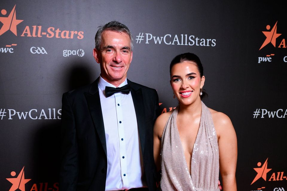 Barry Cullen with Grace Cullen on arrival to the 2025 PwC GAA/GPA All-Star Awards at the RDS in Dublin. Photo by Brendan Moran/Sportsfile