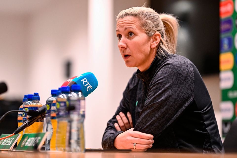Carla Ward speaks to the media during her Ireland squad announcement in Abbotstown yesterday. Photo: Ben McShane/Sportsfile