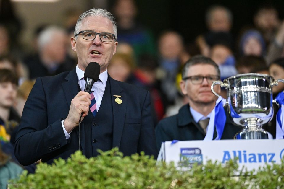GAA president Jarlath Burns addressing supporters at the cup presentation after this year's Allianz Division 2 football final. Photo: Sportsfile