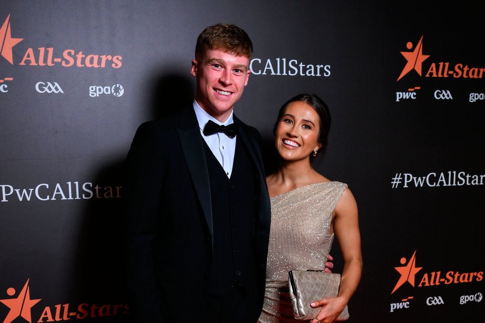 Kilkenny hurler Martin Keoghan with Fiona Troute on arrival to the 2025 PwC GAA/GPA All-Star Awards at the RDS in Dublin. Photo by Brendan Moran/Sportsfile