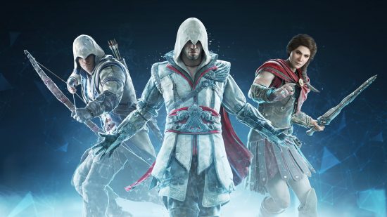 assassins-creed-nexus-vr-review Assassin's Creed Nexus review: three characters stand side by side wielding weapons