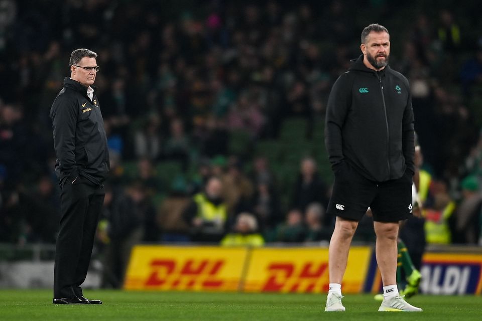 Ireland head coach Andy Farrell and (left) South Africa's Rassie Erasmus at the Aviva Stadium last weekend. Photo: David Fitzgerald/Sportsfile