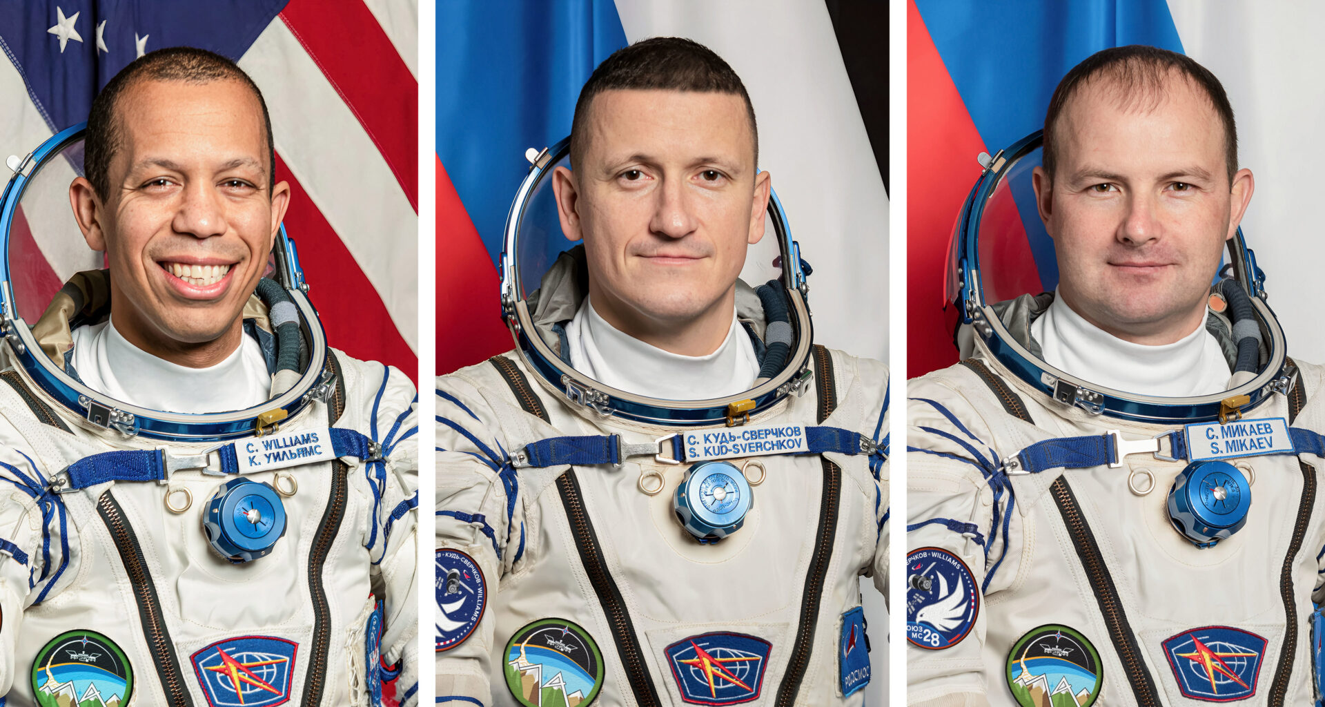 Soyuz MS-28 crew members (from left) Chris Williams from NASA and Sergey Kud-Sverchkov and Sergei Mikaev, both from Roscosmos.