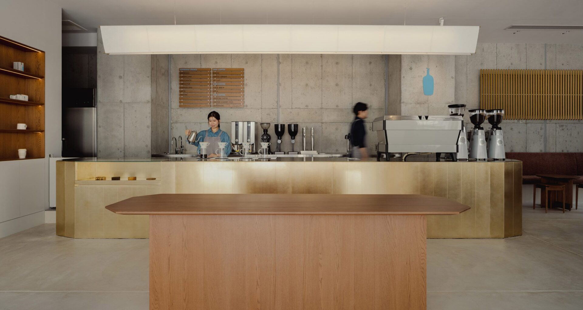 Blue Bottle Coffee cafe with bronze counter
