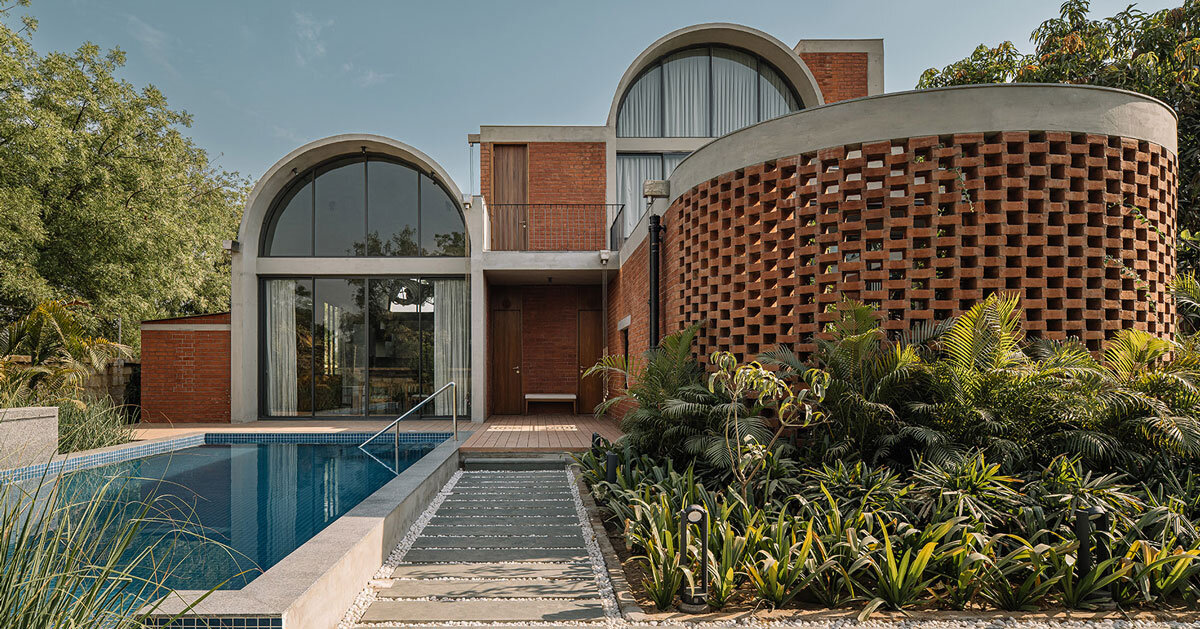 interplay of brick and concrete shapes three vaults in ahmedabad residence