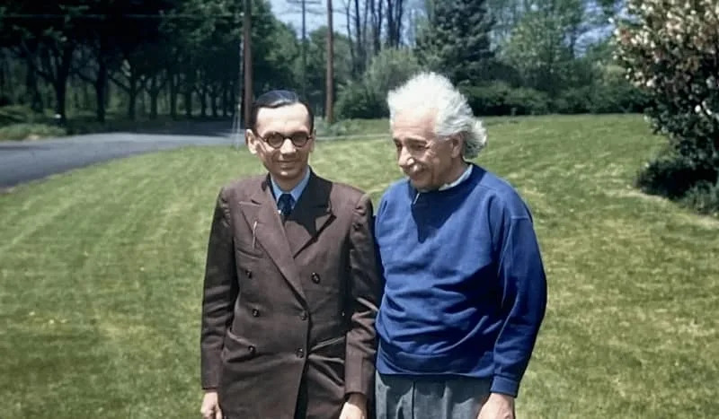 Archival photograph of Kurt Gödel with Albert Einstein in Princeton, New Jersey on Dec. 5, 1947. (CREDIT: Oskar Morgenstern / courtesy the IAS Archive)