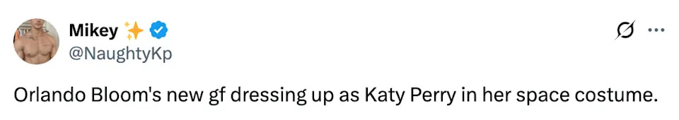 Tweet joking about Orlando Bloom's girlfriend dressing as Katy Perry in her space costume