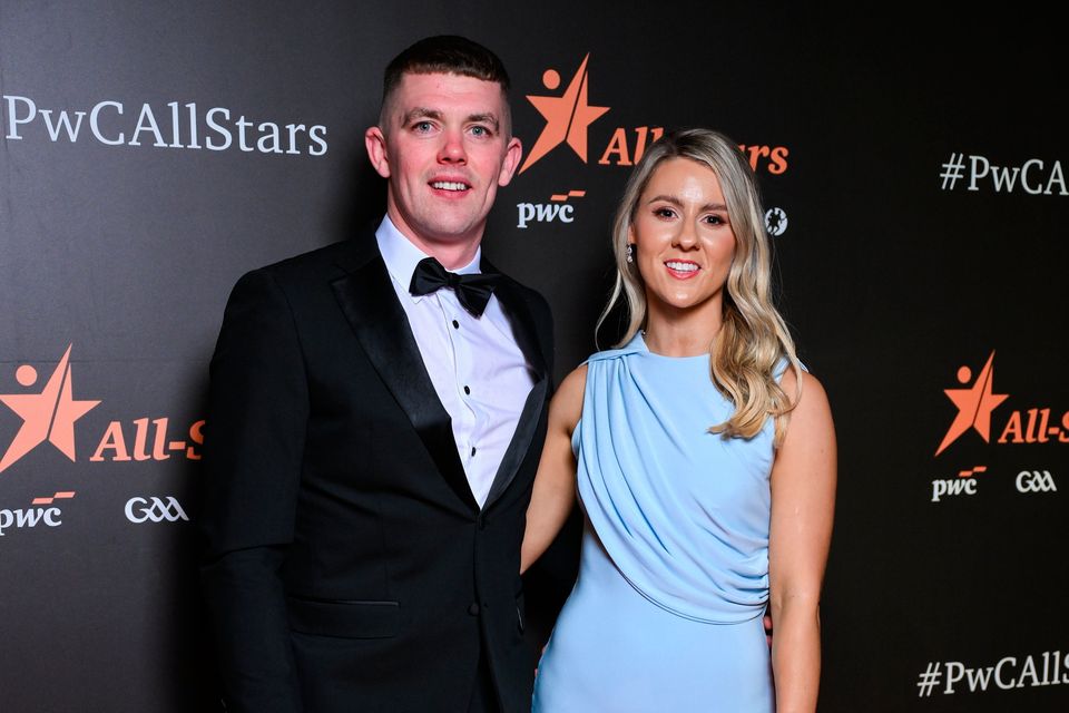 Tipperary hurler Ronan Maher with Michelle Lahert on arrival to the 2025 PwC GAA/GPA All-Star Awards at the RDS in Dublin. Photo by Brendan Moran/Sportsfile 