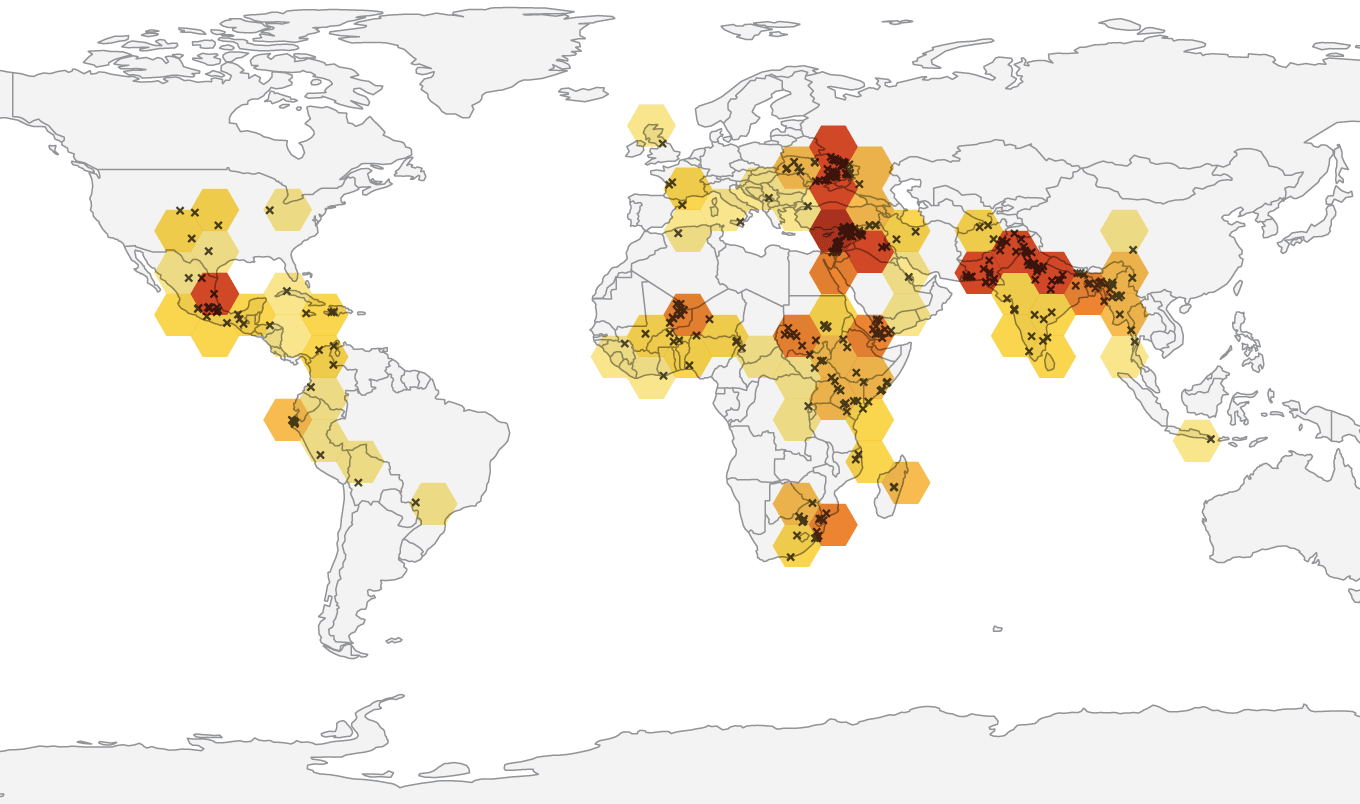 Map shows hexagonal clusters of water related conflicts around the world.