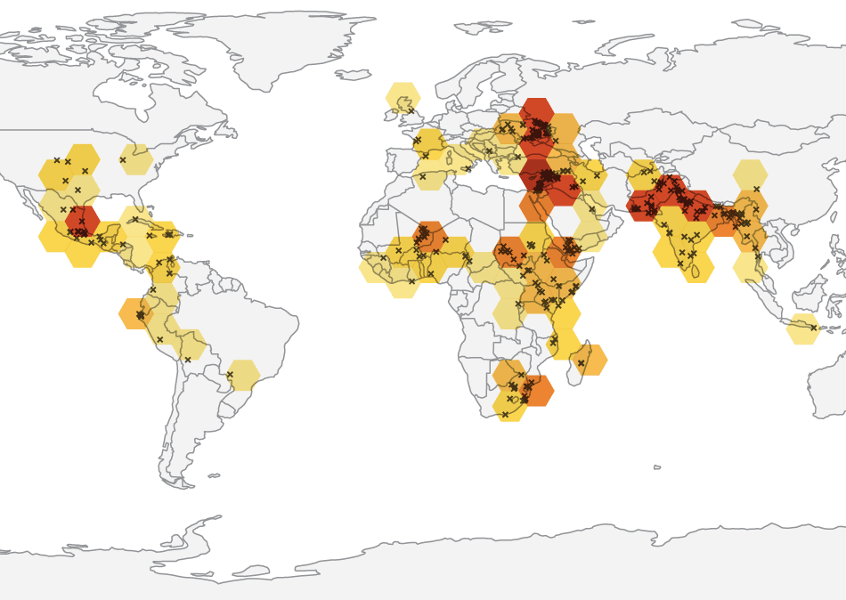 Map shows hexagonal clusters of water related conflicts around the world.
