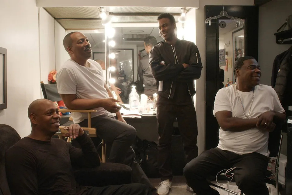 Netflix Dave Chappelle, Eddie Murphy, Chris Rock, and Tracy Morgan backstage at 'SNL' in 'Being Eddie'