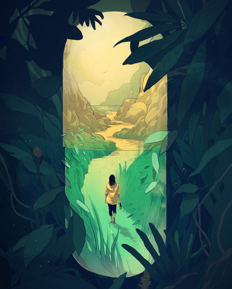 At centre, person walking barefoot along a path, holding shoes. Immediately surrounding the path are plants, rocks and ahead is the sky. This area is framed by dark vegetation.