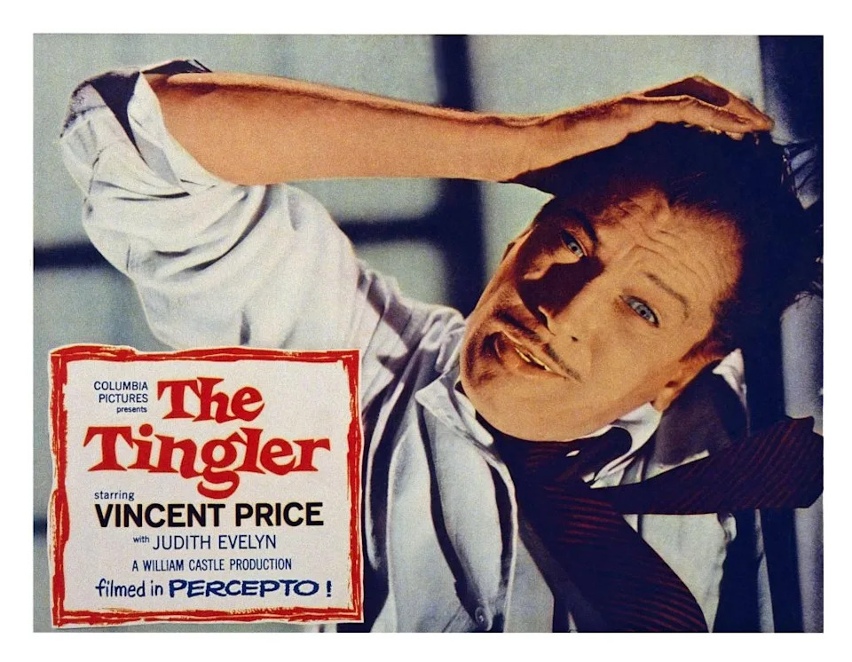 A vintage movie poster for "The Tingler" featuring Vincent Price looking surprised, pressing his head