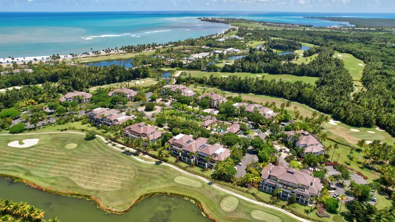 Aerial view of golf courses, homes, and seashore in Puerto Rico