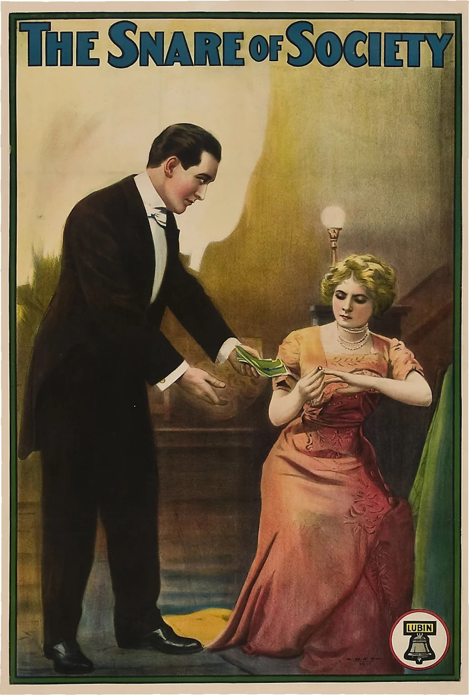 Vintage poster for "The Snare of Society" with a man in a tuxedo handing Lawrence a note; she sits in an elegant gown, focused on the letter