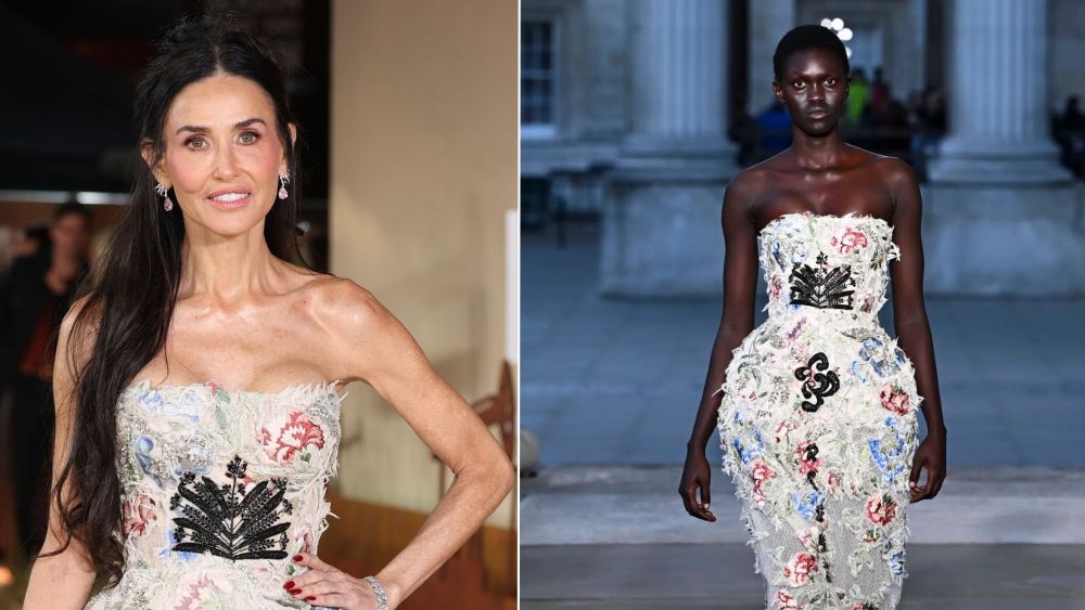 Demi Moore wearing a floral embroidered strapless dress from Erdem's spring 2026 collection, left, and the look on the runway, right.