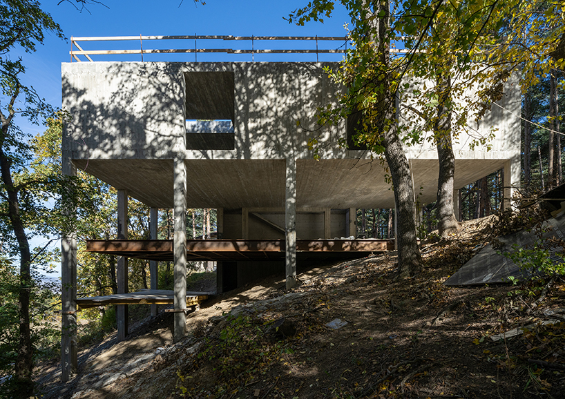 concrete columns lift residence above forested terrain in georgia