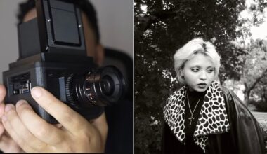 A split image: on the left, a person holds a large vintage camera close to their face; on the right, a black-and-white photo of a person with light hair and a patterned coat standing outdoors near leafy trees.