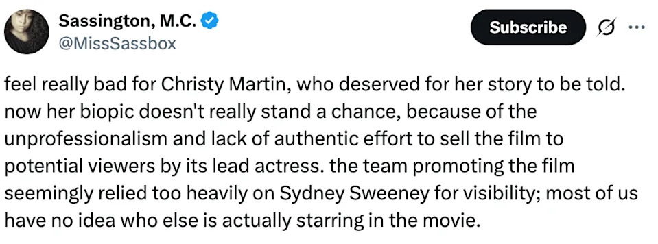 Tweet criticizing the promotion of Christy Martin's biopic, highlighting poor efforts and reliance on Sydney Sweeney for visibility