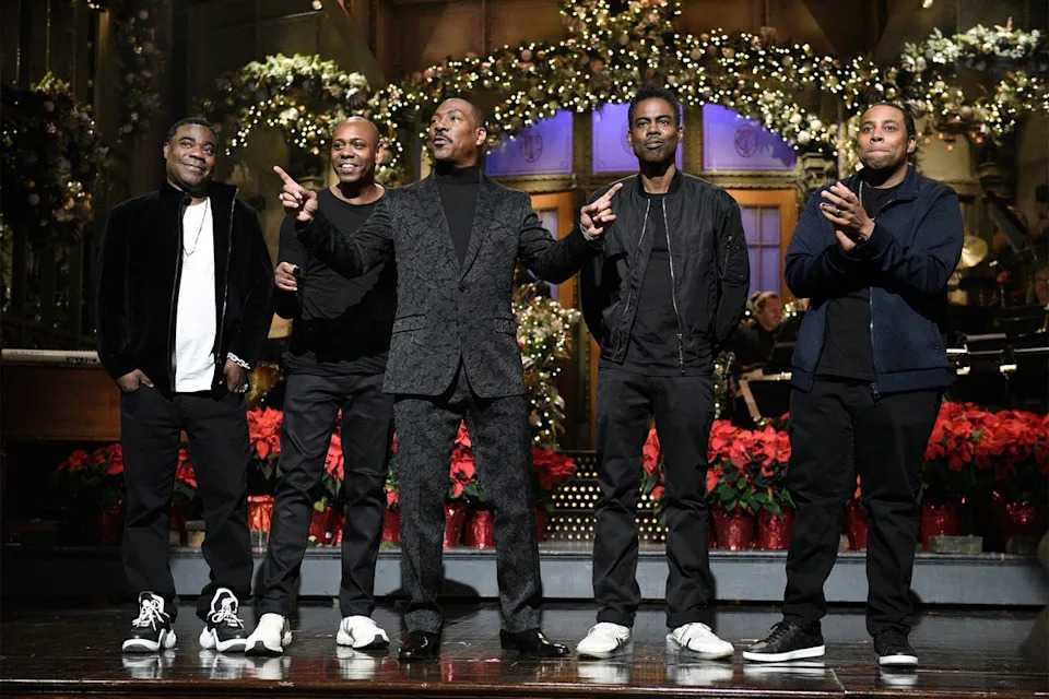 Will Heath/NBC/NBCU Photo Bank via Getty Eddie Murphy (center) hosts 'SNL' joined by Tracy Morgan, Dave Chappelle, Chris Rock, and Kenan Thompson