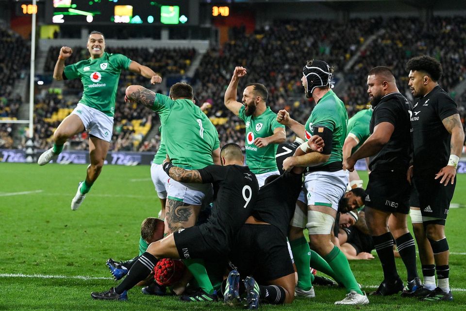 Ireland celebrate Josh van der Flier's try during the Steinlager Series match between the New Zealand and Ireland at Sky Stadium in Wellington, New Zealand in July 2022. Photo: Brendan Moran/Sportsfile