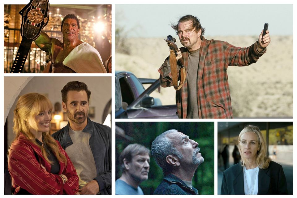 Clockwise from top left: Dwayne Johnson in The Smashing Machine, Leonardo DiCaprio in One Battle After Another, Julia Roberts in After the Hunt, Daniel Day-Lewis and Sean Bean in Anemone, Colin Farrell and Margot Robbie in A Big Bold Beautiful Journey