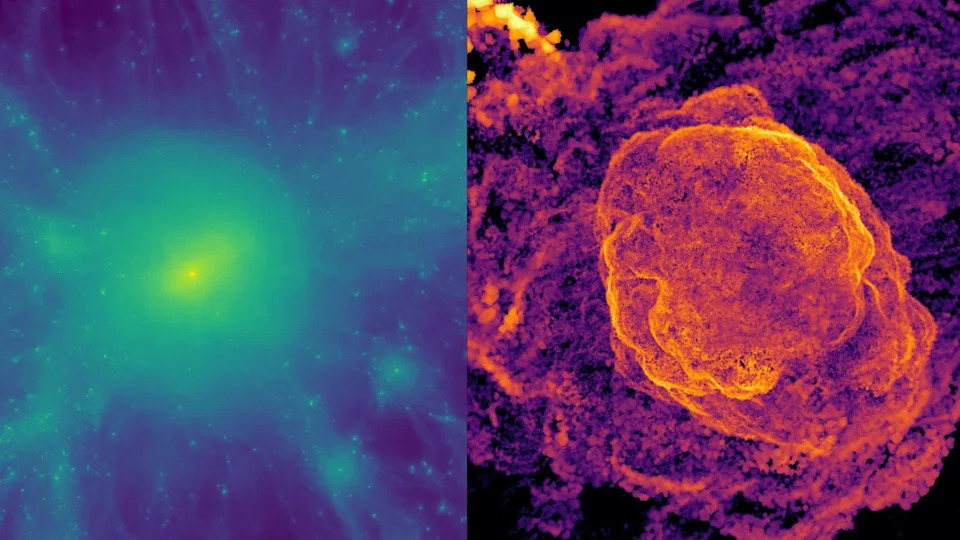 A comparison of a blue and green colored image with a ball of green light in the middle on the left and a purple and yellow image with an orange cloud on the right.