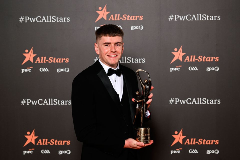 7 November 2025; Tipperary hurler Rhys Shelly with his PwC GAA/GPA All-Star Award during the 2025 PwC GAA/GPA All-Star Awards at the RDS in Dublin. Photo by Ramsey Cardy/Sportsfile 
