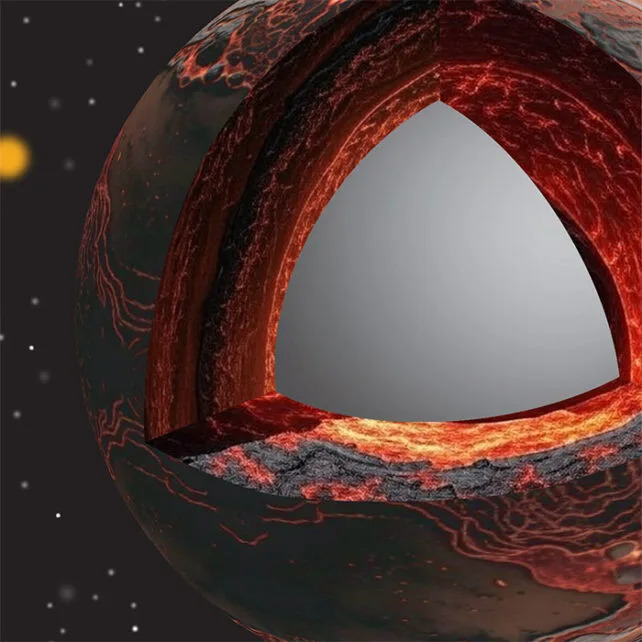 An artist's impression of a magma ocean next to the core-mantle boundary.