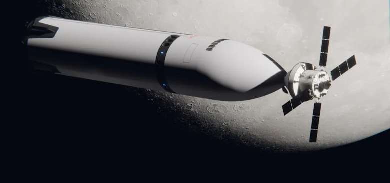 An artist's impression of Starship (left) docked to Nasa's Orion spacecraft (right) in lunar orbit.