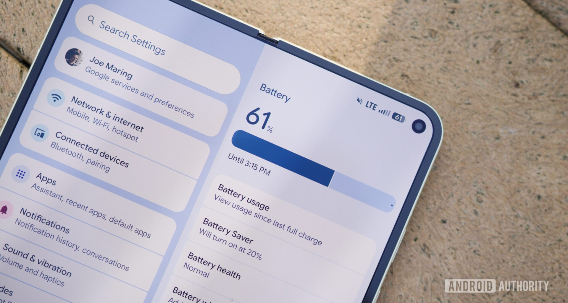 Battery settings page on the Google Pixel 10 Pro Fold.