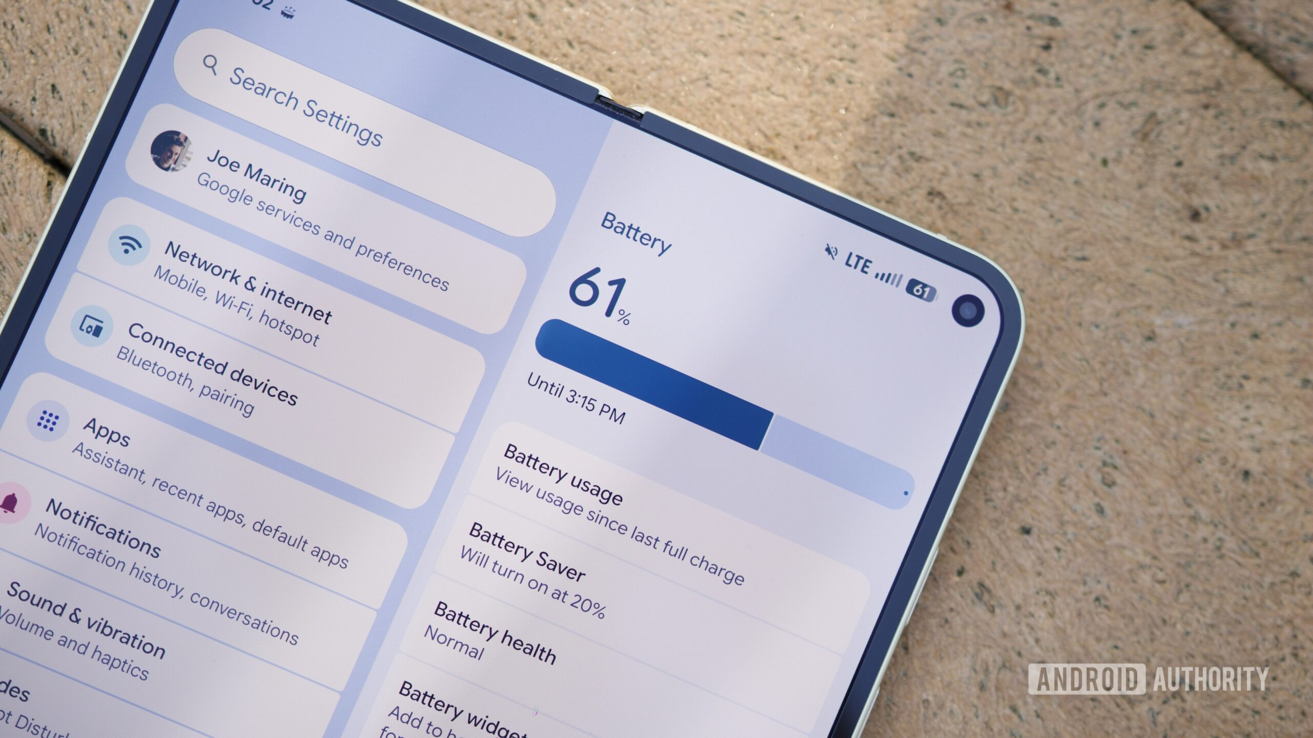 Battery settings page on the Google Pixel 10 Pro Fold.