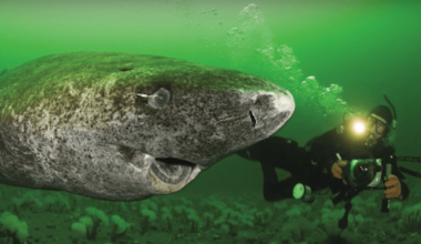Image of a Greenland Shark swimming beside a human in a wetsuit holding an underwater camera
