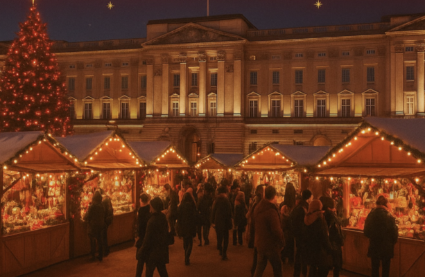 Tourists have flocked to a 'Christmas market’ outside Buckingham Palace
