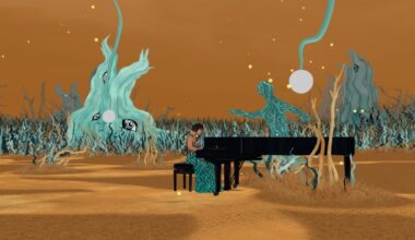 Yuja Wang plays a grand piano in a surreal, animated landscape with blue, tree-like figures and glowing orbs.
