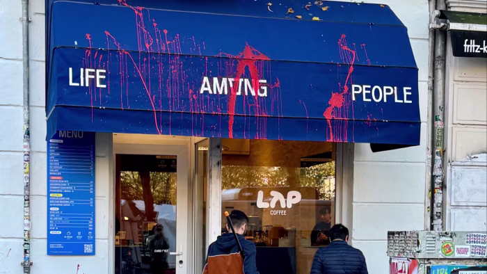 The shopfronts of 15 LAP Coffee outlets were splattered with red paint