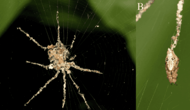 False spider structure shown in a web and the spider that made it