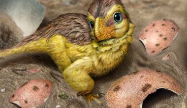 An artist’s reconstruction of a newly-hatched troodontid-like dinosaur among fragments of its eggshell. Image credit: Eva Utsukiyouhei.